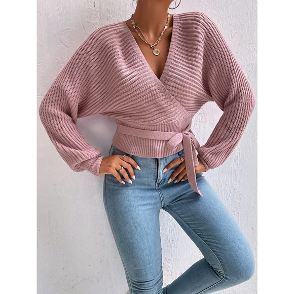 Surplice Neck Cut Out Back Batwing Sleeve Knot Front Sweater pink - Picture 6 of 6